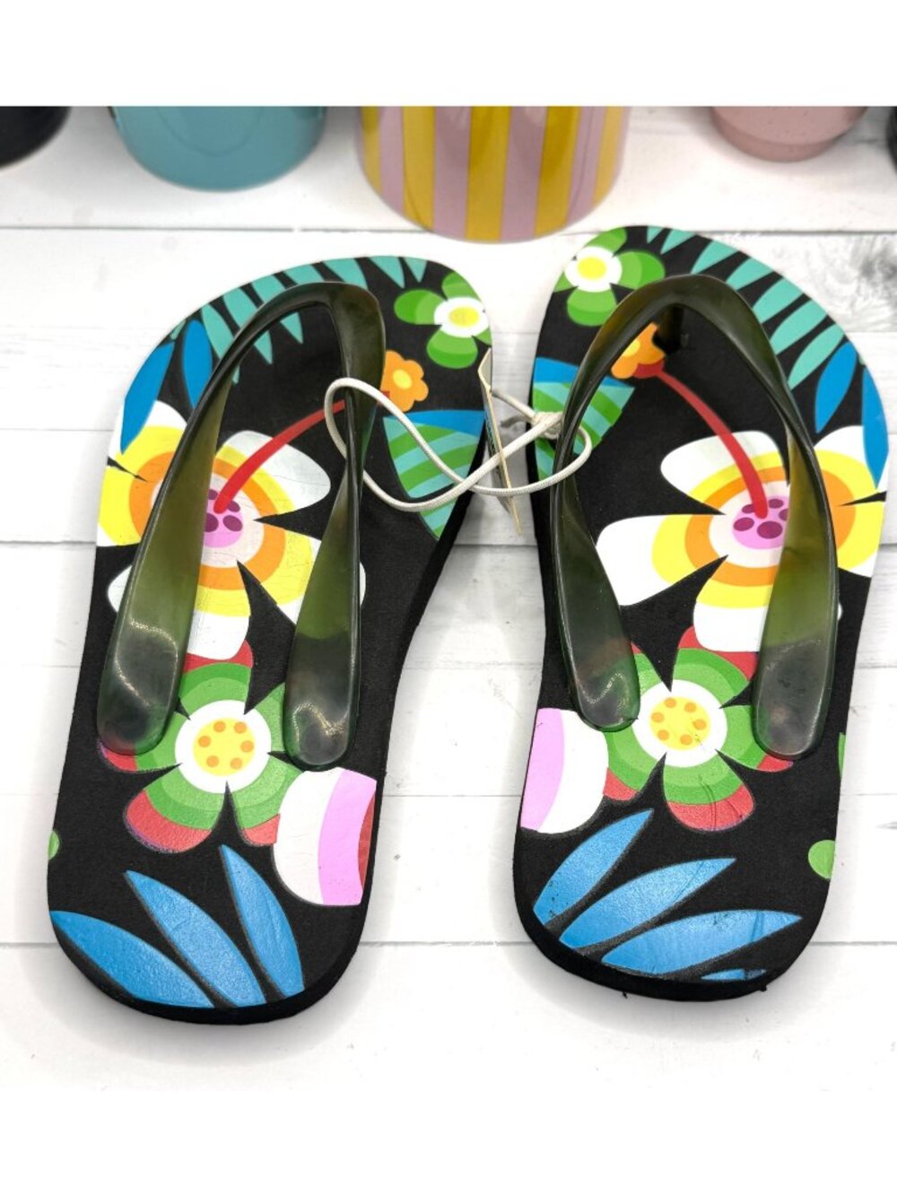 Old Navy Kids Floral Flip-Flops Size 12/13 Black Multicolor Summer Sandals